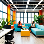 **Image Prompt:** A bright and modern office space with diverse employees collaborating and communicating openly. Some are working together on a project, while others are sharing ideas in a relaxed setting. Include elements of work-life balance, such as plants, comfortable seating, and natural light. The overall impression should be positive and inspiring. Style: Corporate photography, vibrant colors, and dynamic composition.