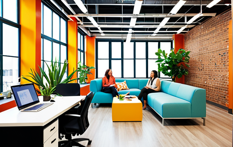 **Image Prompt:** A bright and modern office space with diverse employees collaborating and communicating openly. Some are working together on a project, while others are sharing ideas in a relaxed setting. Include elements of work-life balance, such as plants, comfortable seating, and natural light. The overall impression should be positive and inspiring. Style: Corporate photography, vibrant colors, and dynamic composition.