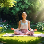 **

A person meditating in a peaceful garden, surrounded by lush greenery and blooming flowers. Sunlight filters through the leaves, creating a serene and calming atmosphere. Soft, pastel colors dominate the scene, emphasizing tranquility and relaxation. The style is slightly stylized, resembling a digital painting.

**