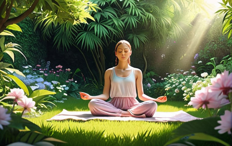 **

A person meditating in a peaceful garden, surrounded by lush greenery and blooming flowers. Sunlight filters through the leaves, creating a serene and calming atmosphere. Soft, pastel colors dominate the scene, emphasizing tranquility and relaxation. The style is slightly stylized, resembling a digital painting.

**