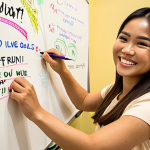 **Image Prompt:** A Thai woman smiling confidently, standing near a whiteboard filled with motivational phrases written in Thai. She is holding a journal and pen, radiating positivity. Focus on warm lighting and a sense of personal growth. The whiteboard also includes the words "SMART goals" and "self-reward" in English.