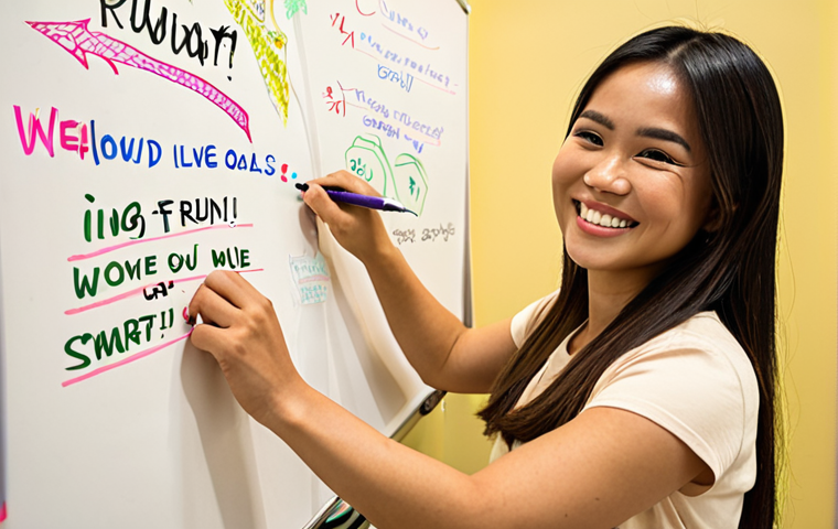 **Image Prompt:** A Thai woman smiling confidently, standing near a whiteboard filled with motivational phrases written in Thai. She is holding a journal and pen, radiating positivity. Focus on warm lighting and a sense of personal growth. The whiteboard also includes the words "SMART goals" and "self-reward" in English.