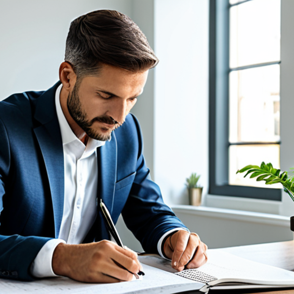 A professional man, fully clothed in modest business casual attire, is seated at a clean, minimalist desk in a modern, sunlit home office. He is looking thoughtfully at a notebook filled with goal-setting diagrams and notes, a pen resting in his hand, symbolizing deep reflection and purpose. A gentle plant adds a touch of nature to the organized space. The atmosphere is serene and conducive to growth and clarity. Perfect anatomy, correct proportions, natural pose, well-formed hands, proper finger count, natural body proportions. Professional photography, high quality, safe for work, appropriate content, fully clothed, family-friendly.
