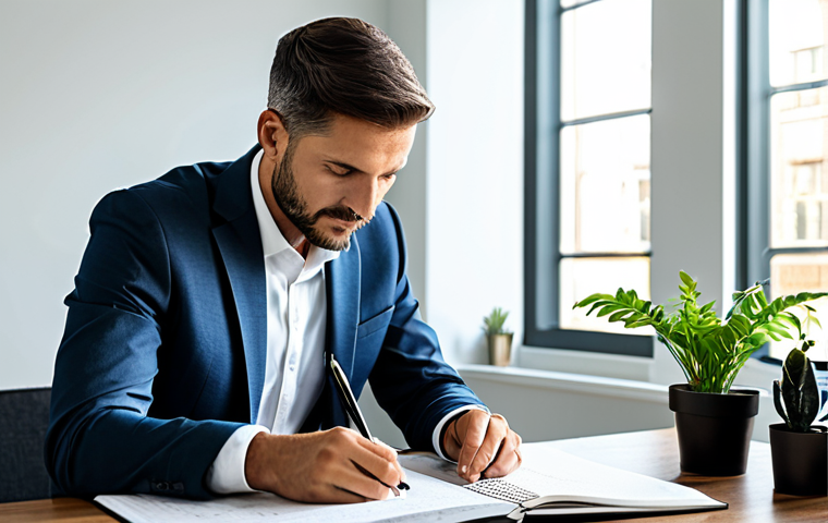 A professional man, fully clothed in modest business casual attire, is seated at a clean, minimalist desk in a modern, sunlit home office. He is looking thoughtfully at a notebook filled with goal-setting diagrams and notes, a pen resting in his hand, symbolizing deep reflection and purpose. A gentle plant adds a touch of nature to the organized space. The atmosphere is serene and conducive to growth and clarity. Perfect anatomy, correct proportions, natural pose, well-formed hands, proper finger count, natural body proportions. Professional photography, high quality, safe for work, appropriate content, fully clothed, family-friendly.