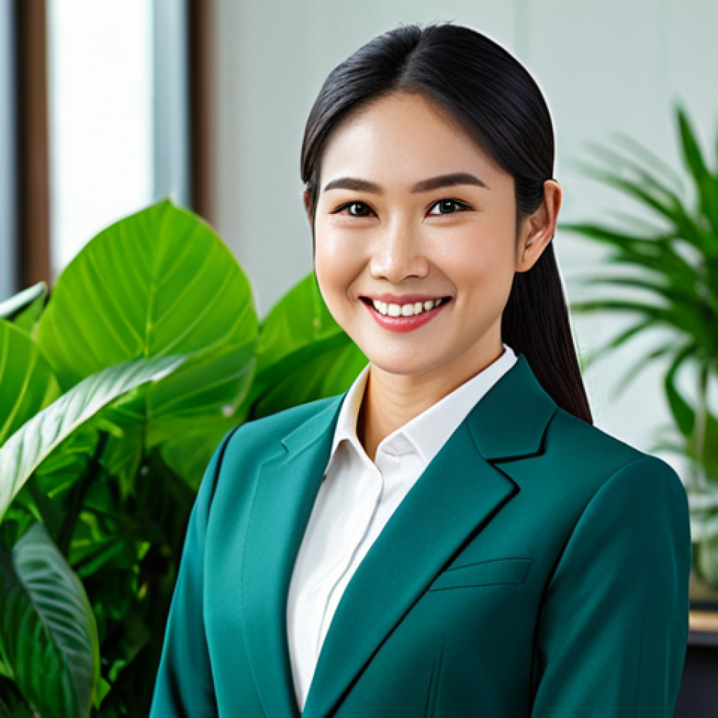 자기 효능감 증가를 위한 동기부여 기법 - A professional Thai woman in a modest business suit, smiling confidently in a modern office setting ...
