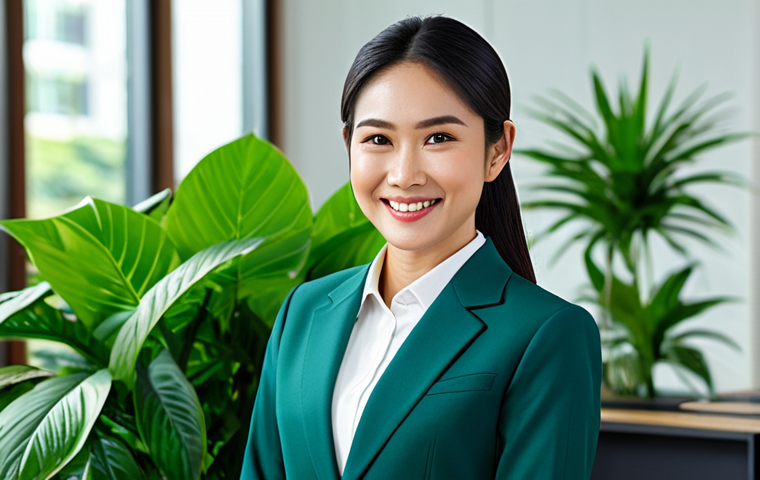 자기 효능감 증가를 위한 동기부여 기법 - A professional Thai woman in a modest business suit, smiling confidently in a modern office setting ...
