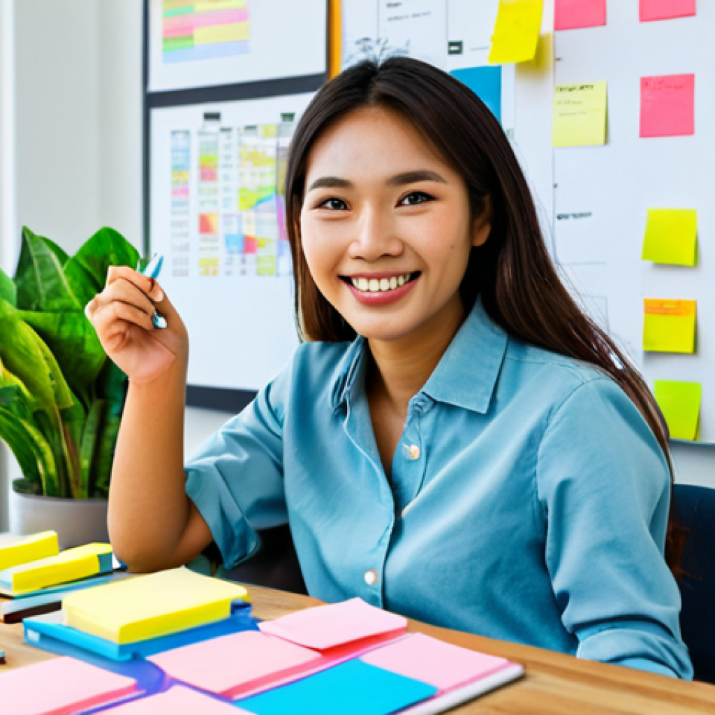개인 맞춤형 동기부여 전략 개발하기 - Goal Setting**
A young Thai woman, wearing a casual yet professional outfit, sitting at a desk fill...