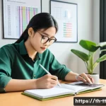 Home 22 심리학적 동기부여 기법의 실제 사례 - A bright, modern home office scene showing a young Thai professional diligently writing goals in a n...