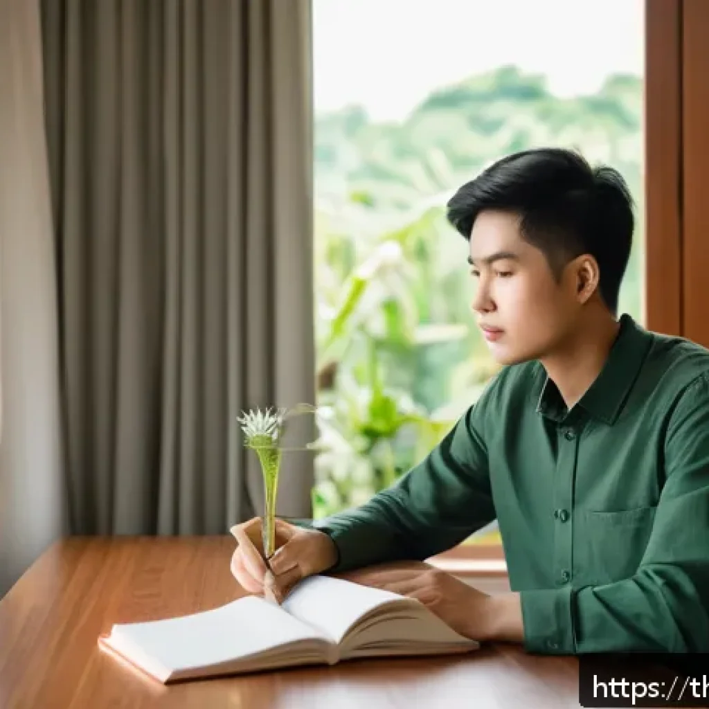 동기부여를 위한 전문가의 조언 정리 - A serene morning scene in a modern Thai home, a young Thai adult wearing comfortable casual clothes ...