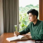 Home 21 동기부여를 위한 전문가의 조언 정리 - A serene morning scene in a modern Thai home, a young Thai adult wearing comfortable casual clothes ...