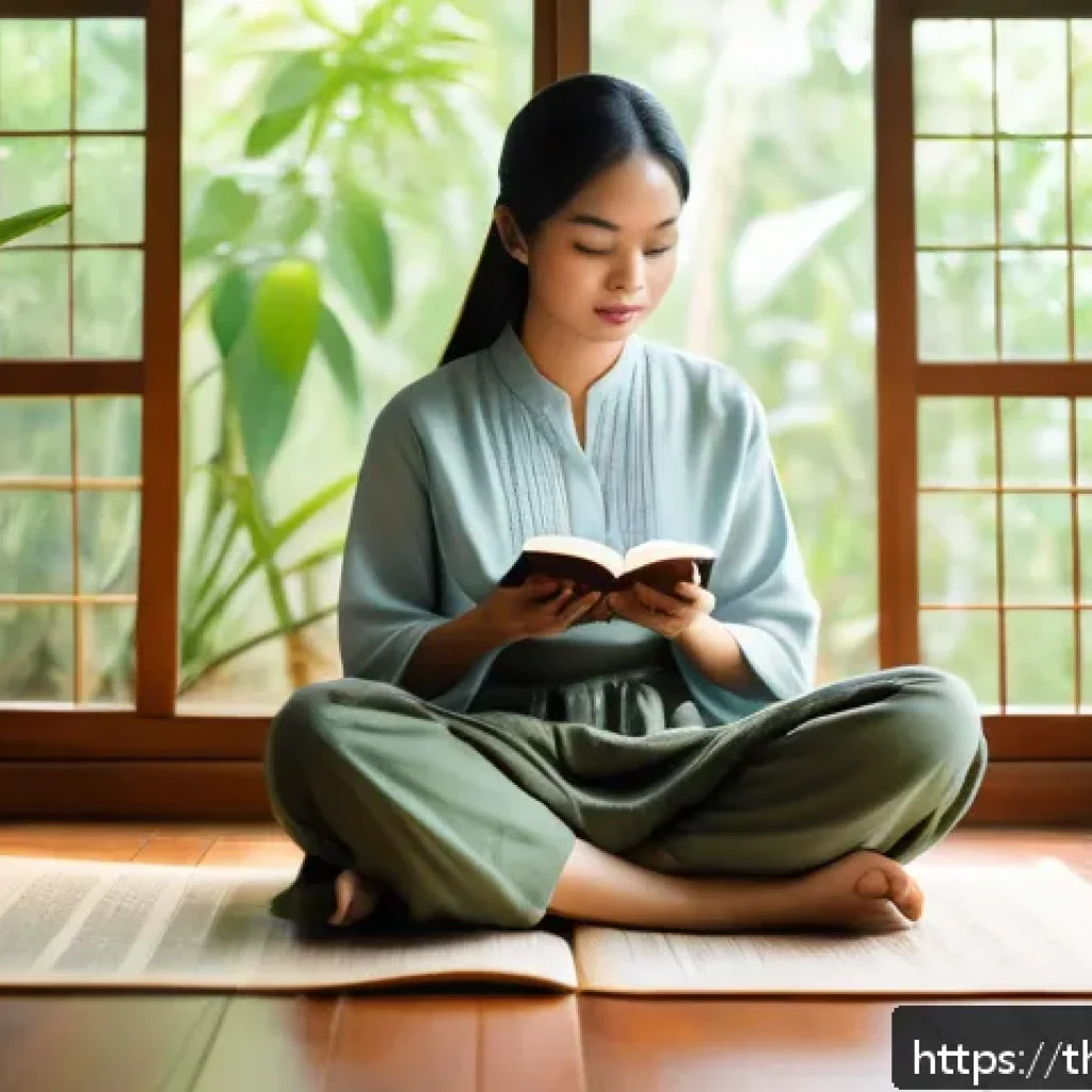 동기부여 심리학을 활용한 자기 개발 전략 - A serene Thai woman sitting cross-legged on a traditional wooden floor in a cozy room with soft natu...