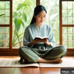 Home 20 동기부여 심리학을 활용한 자기 개발 전략 - A serene Thai woman sitting cross-legged on a traditional wooden floor in a cozy room with soft natu...