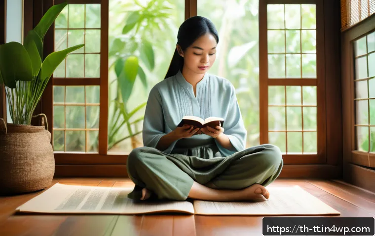동기부여 심리학을 활용한 자기 개발 전략 - A serene Thai woman sitting cross-legged on a traditional wooden floor in a cozy room with soft natu...