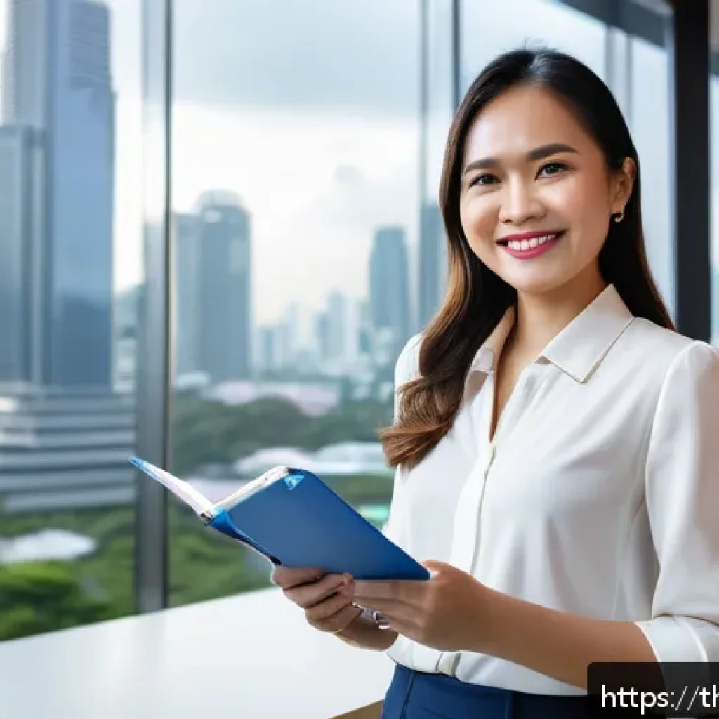 자아 효능감이 동기부여에 미치는 영향 - A confident Thai businesswoman in her 30s, dressed in smart casual office attire, standing in a mode...