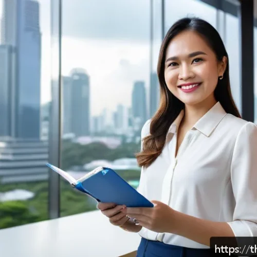 Home 17 자아 효능감이 동기부여에 미치는 영향 - A confident Thai businesswoman in her 30s, dressed in smart casual office attire, standing in a mode...