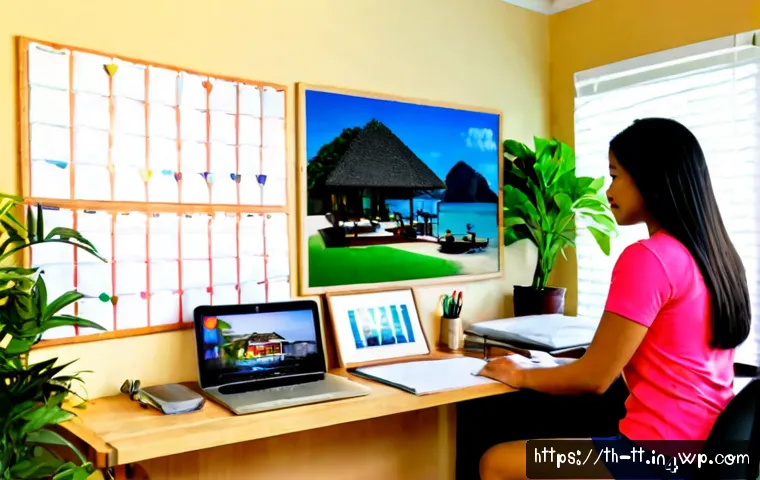Home 17 동기부여의 시각적 요소 활용하기 - Photorealistic Thai woman in a bright home office, calmly arranging a clean visual motivation board ...