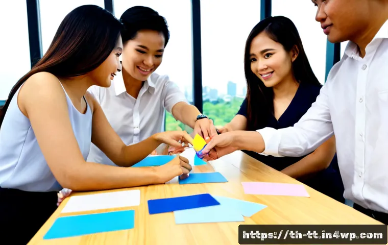 Home 17 팀워크와 동기부여 집단 행동 심리학 - Photorealistic scene of a diverse Thai workplace team collaborating around a clean wooden table, you...